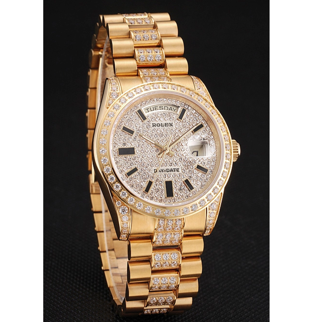 Aaa replica watch Date Yellow Swiss Diamond Gold Pave Day Rolex 0708